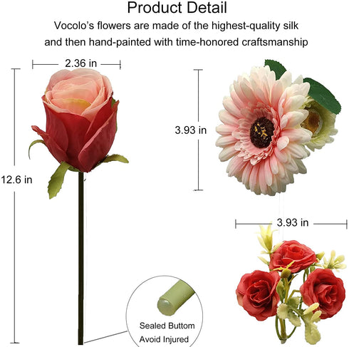 24 Heads Red Silk Flowers, Artificial Flowers Clearance, Fake Red Roses & Pink Daisies Flowers Bouquets for Indoor Home Decor, Flora Boutique by VOCOLO