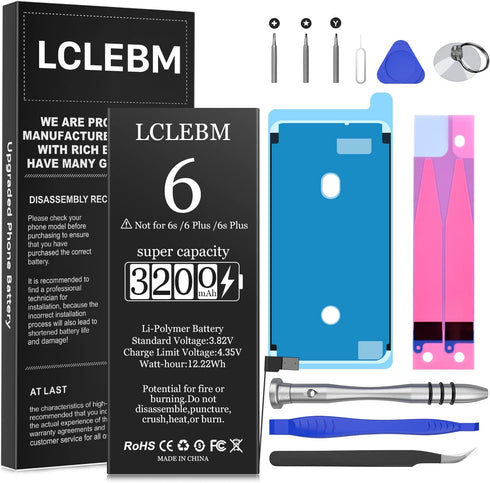 LCLEBM Battery for iPhone 6, 3200mAh Higher Capacity New 0 Cycle Li-ion Polymer Battery Replacement for iPhone 6 Model A1586,A1589,A1549 with Repair Tool Kit
