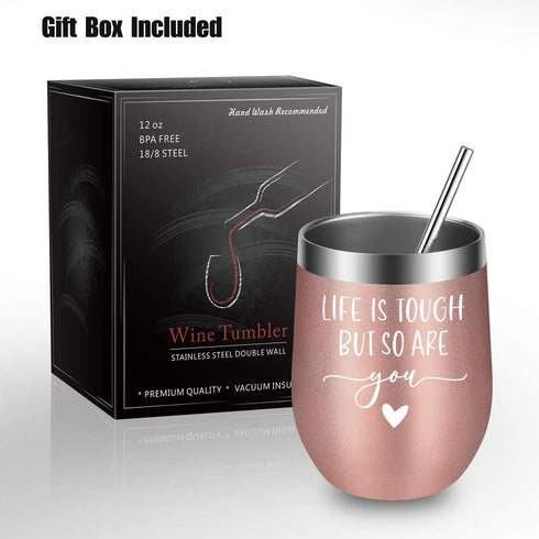 Inspirational Gifts for Women - Christmas, Motivational, Cheer Up, Cancer, Get Well Soon Gifts for Women, Friends - Sympathy Thinking of You Gift - Life is Tough but so are You - LEADO Wine Tumbler