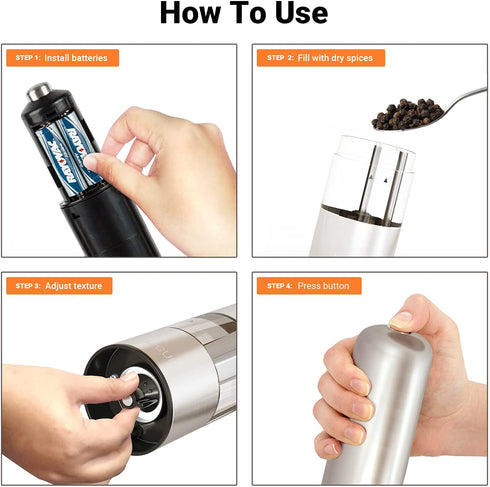 Electric Salt and Pepper Grinder - Automatic, Refillable, Battery Operated Stainless Steel Spice Mills with Light - One Handed Push Button Peppercorn Grinders and Sea Salt Mills