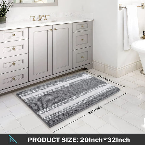 Bathroom Rugs Non Slip Gray, 20x32 Inches Bath Mats Rugs for Bathroom, Extra Thick Soft Absorbent Chenille Shaggy Bathroom Floor Mats, Machine Washable