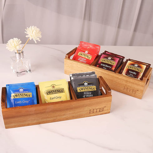 Small Wooden Tea Bag Box 2PCS by HTB, 3 Compartments Acacia Wood Tea Bag Chest with Handle, Mini Countertop Divided Storage Container for Beverage Supplies, Sugar, Sweeteners, Individual Packets