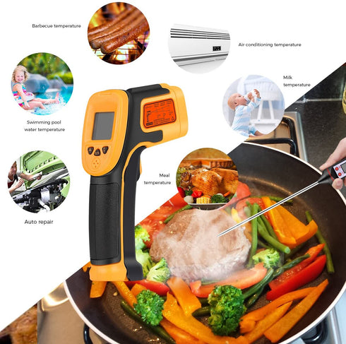 Infrared Thermometer, Digital IR Laser Thermometer Temperature Gun -26°F~1022°F (-32°C?550°C) Temperature Probe Cooking/Air/Refrigerator - Meat Thermometer Included -Non Body Thermometer