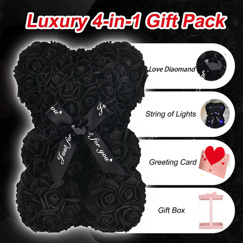 Rose Bear,Rose Flower Bear,, Gifts for her, with Artificial Heart-Shaped Diamonds,for Valentine's Day, Mother's Day, Christmas, Birthday Gifts, Gift Box with Card (Black)