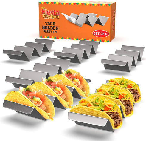 Taco Holder Stand - Set of 6 - Oven & Grill Safe Stainless Steel Taco Racks With Handles - Fill & Serve Tacos With Ease - Taco Trays by Fiesta Kitchen