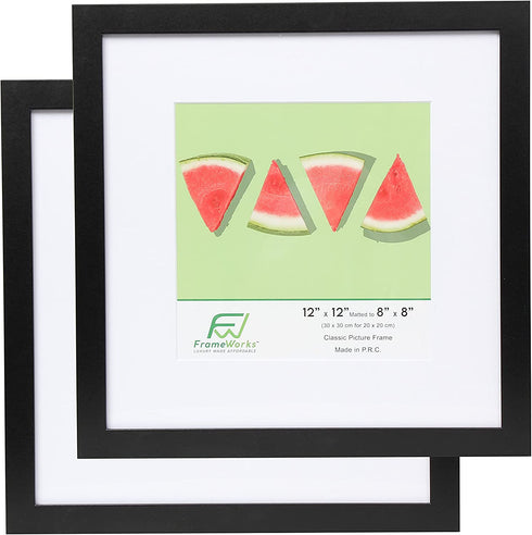 FrameWorks 12x12" mat to 8x8" Classic Wooden Picture Frames Tempered Glass / Black / 2-Pack
