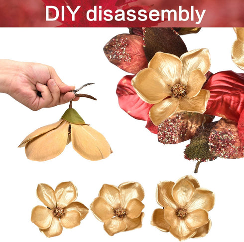 RED DECO Christmas Wreath for Front Door - 20 Inch Red Magnolia with 3 Gold Flowers, Holiday Wreaths for Home Farmhouse Indoor Outdoor Windows Wall Decor(Red)