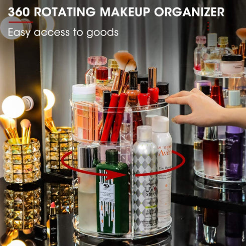 Adjustable Cosmetic Organizer Cosmetics Countertop - Rotating Makeup Storage Acrylic Multi Accessories Organizers Fits Jewelry Toiletry Bathroom (Clear)
