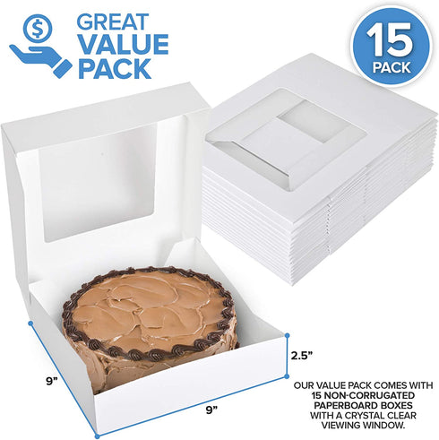 9 x 9 x 2.5 Inch White Pie Box with Viewing Window (15 Count)-Medium Bakery Box - Auto Pop Cake Box Design - Pie Box with Viewing Window for Strawberries, Smash Hearts, Pastry,Treats-Stock Your Home