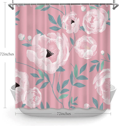 Pink Flower Plant Shower Curtain Green Leaves Minimalist Aesthetic Floral Bath Curtain Modern Cute Waterproof Fabric Bathroom Decor Curtains 72x72 Inches