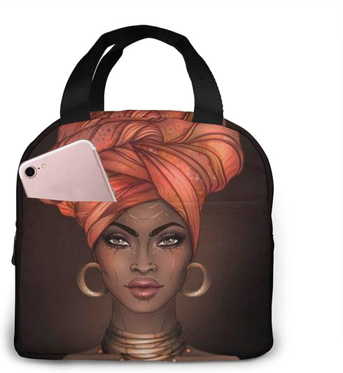 African American Woman Lunch Bag for Women Insulated Lunch Box with Front Pocket for Work Reusable Cooler Tote Bag for Office School Picnic Hiking Beach
