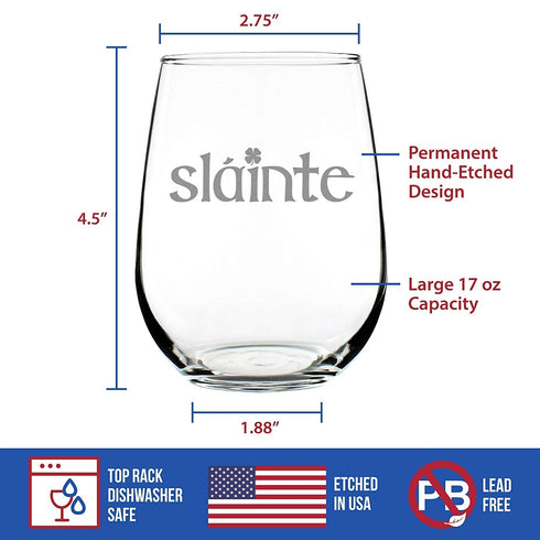 Slainte - Irish Cheers - Funny St Patricks Day Party Stemless Wine Glasses - Saint Patty's Decorations