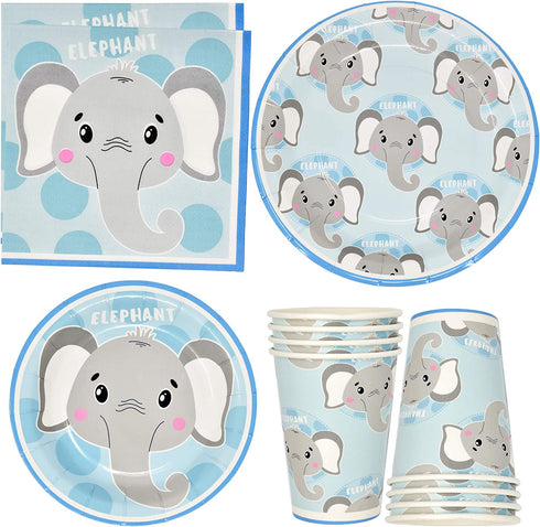 Elephant Boy Baby Shower Party Supplies Tableware Set 24 9" Paper Plates 24 7" Plate 24 9 Oz Cup 50 Lunch Napkin for Little Boys Blue Grey Elephants Birthday Gender Reveal Disposable Dinnerware Decor
