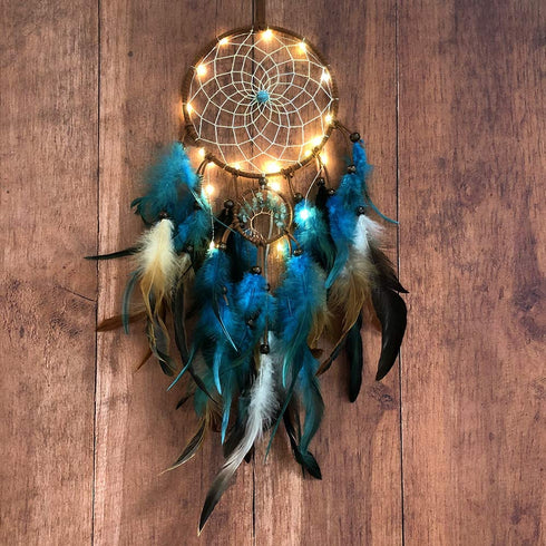Dream Catcher Blue Tree of Life with Feathers, Mobile LED Fairy Lights Handmade Indians Traditional Circular Net for Wall Hanging Decor, Bedroom Kids, Home Decoration Wedding Party Blessing Gift