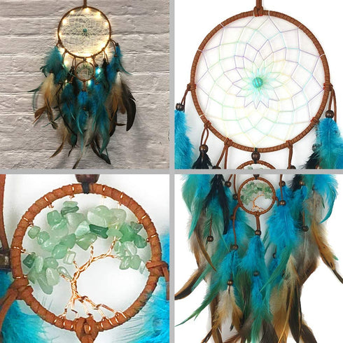 Dream Catcher Blue Tree of Life with Feathers, Mobile LED Fairy Lights Handmade Indians Traditional Circular Net for Wall Hanging Decor, Bedroom Kids, Home Decoration Wedding Party Blessing Gift