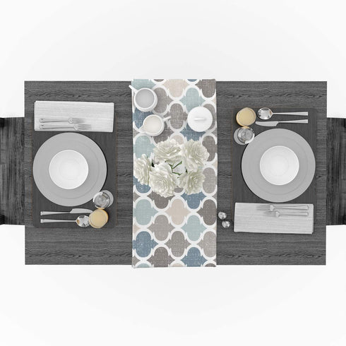 HELLOWINK 90Inch Burlap Table Runners for Dinning Room, Blue Gray, Cotton Linens Table Runner Table Cloth for Wedding Party Holiday Home Decor(Moroccan Plaid Geometric)