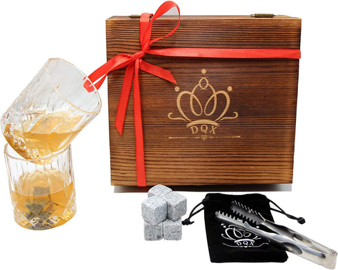 Whiskey Glasses and Stones Gift Set for Men, Whiskey Lover, Birthday, Anniversay, Retirement and Christmas. 2 old Fashiones Rock Glasses+ 8 Granite Chilling Rocks+Tongs+ Wooden Box
