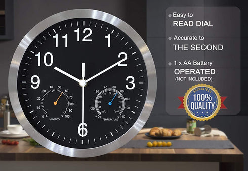 Fzy.bstim Non Ticking Silent Wall Clocks Battery Operated,10 Inch Quality Quartz Analog Wall Clock with Thermometer and Hygrometer,Decorative for Kitchen,Living Room,Bathroom,Office,Garage(Black)