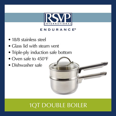 RSVP International 1-quart Induction Double Boiler, 2 Cups, Multi Color