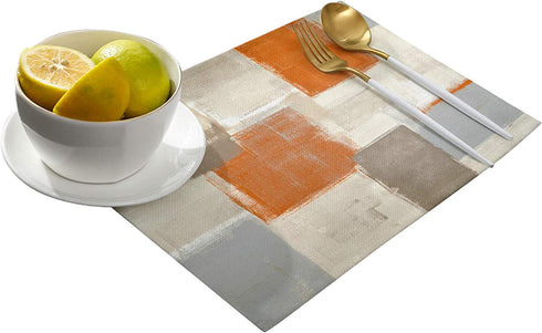 Bingigo Orange Placemats Set of 4 for Dining Table Cotton Linen Heat Insulating Kitchen Table Mats Durable Washable Burnt Orange Brawn Gray Paint Art Garffiti Placemats for Farmhouse Kitchen Table