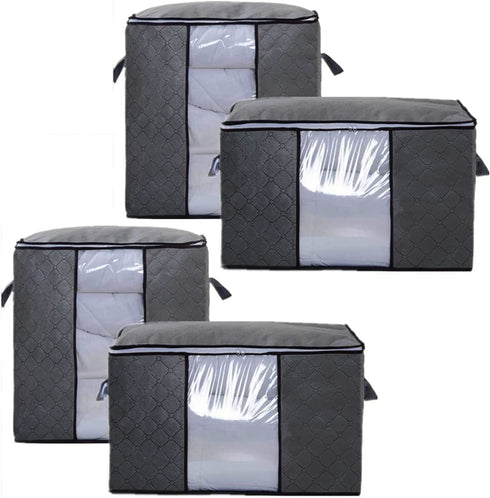 Large Capacity Clothes Storage Bins Bags Organizers 4 Foldable Clothes Storage Containers Organizer Blankets Clothes Comforters Zipper Bins with Clear Window for college dorm room essentials Gray