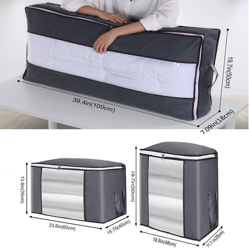 Large Capacity Clothes Storage Bins Bags Organizers 4 Foldable Clothes Storage Containers Organizer Blankets Clothes Comforters Zipper Bins with Clear Window for college dorm room essentials Gray