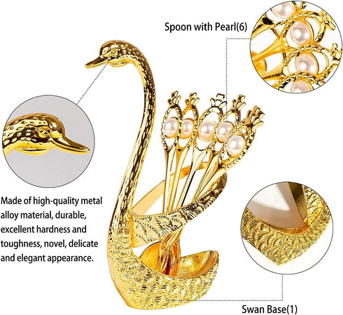 Coffee Spoon Set, Metal Swan Base Holder Dessert Spoon Organizer with 6pcs Spoons Teaspoon Dessert Flatware Set for Coffee Fruit Dessert Ice Cream Cake (Gold)