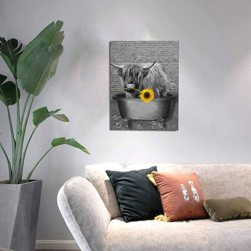 NIALLIAZ Cow Sunflower Canvas Wall Art Funny Animal And Bathing In The Bathtub Decor Black White Pictures Giclee Print Modern Artwork Paintings For Living Room Bedroom Bathroom, 12 X 16 inch