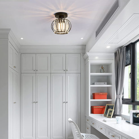 MHUYEIN Semi Flush Mount Ceiling Light Fixture, Crystal Chandelier, Retro Industrial Light for Kitchen Cafe Bar Bedroom Living Room Passway Hallway (Black)