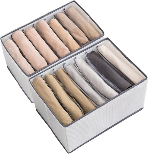 2 Pcs Wardrobe Clothes Organizer with Support Board- Foldable Mesh Closet Storage Large 7 Grids Divider Drawer Organizers Washable Compartment Storage Box for Jeans T-shirt Pants Legging (L)