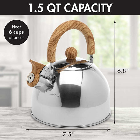 Primula Stewart Whistling Stovetop Tea Kettle Food Grade Stainless Steel, Hot Water Fast to Boil, Cool Touch Folding, 1.5 Qt, Polished Silver with Wood Handle