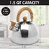 Primula Stewart Whistling Stovetop Tea Kettle Food Grade Stainless Steel, Hot Water Fast to Boil, Cool Touch Folding, 1.5 Qt, Polished Silver with Wood Handle