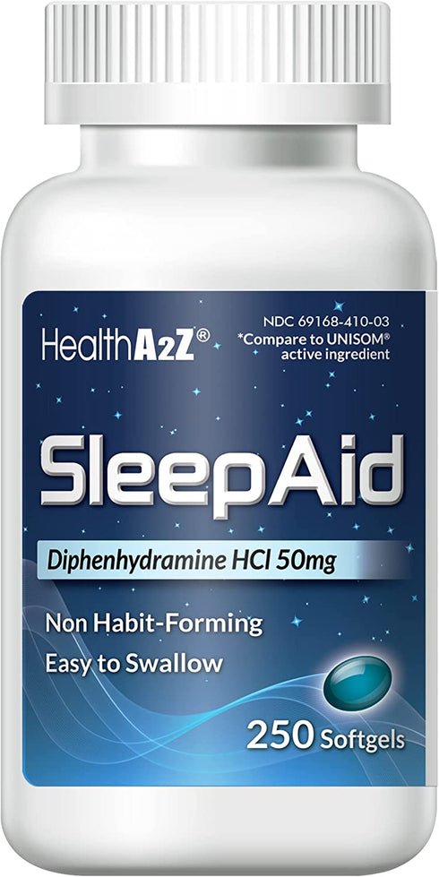 HealthA2Z Sleep Aid, Diphenhydramine HCl 50mg, 250 Softgels, Supports Deeper, Restful Sleeping, Non Habit-Forming