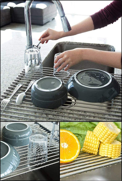 17.7" x 15.5" Large Dish Drying Rack, Attom Tech Home Roll Up Dish Racks Multipurpose Foldable Stainless Steel Over Sink Kitchen Drainer Rack for Cups Fruits Vegetables