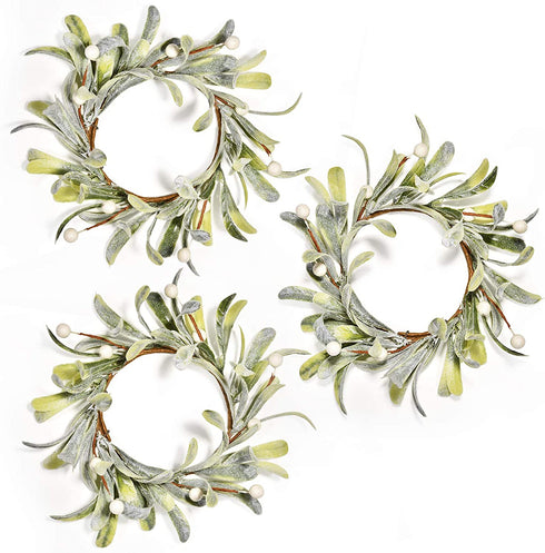Feirui Pillar Candle Rings Set of 3, Frosted Mistletoe Wreaths with Pearl Accents,Christmas Holiday Parties and Home Decor