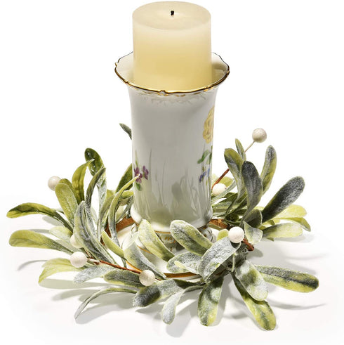 Feirui Pillar Candle Rings Set of 3, Frosted Mistletoe Wreaths with Pearl Accents,Christmas Holiday Parties and Home Decor
