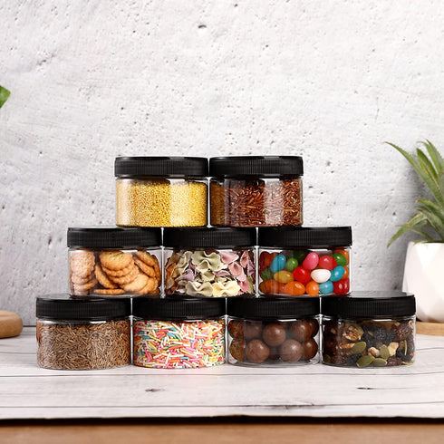 24Pack 4oz Plastic Jars with Lid, DANALLAN Clear Plastic Seasoning Containers with Labels for Cosmetics, Crafts Organizing and Kitchen Food Storage, BPA Free