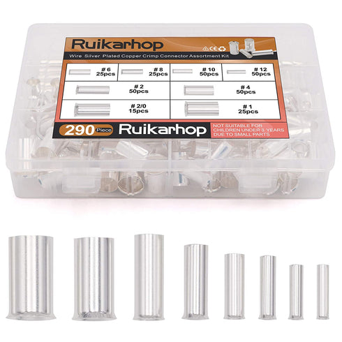Ruikarhop 290PCS (AWG 12 10 8 6 4 2 1 2/0) 2/0-12 Gauge Wire Ferrules Kits Silver Plated Copper Crimp Connector Non Insulated Ferrules Pin Cord End Terminal