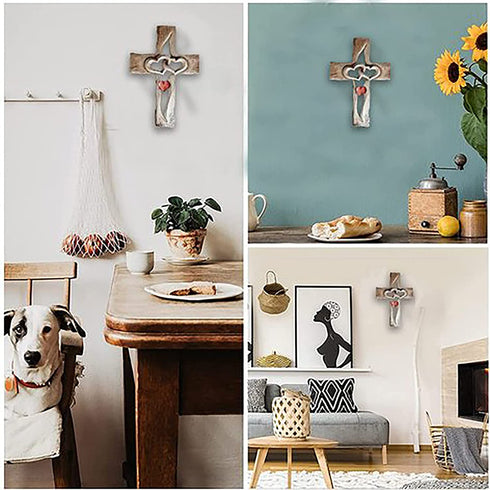 YunQin Carved Wooden Cross - Intertwined Hearts, Wooden Love Cross, Wall Hanging Hand Carved Wood Cross for Home Living Room Decor