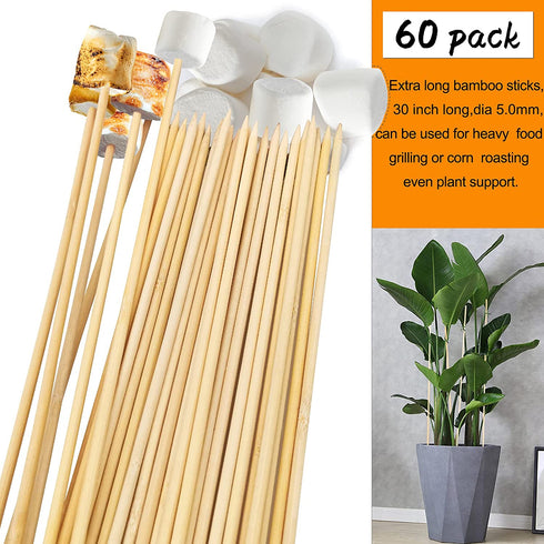 BLUE TOP Bamboo Marshmallow Roasting Sticks Smore Skewers 30 Inch 5mm Thick 60 PCS Extra Long Heavy Duty,Wooden Skewer BBQ Hot Dog Skewer,Great for Camping,Parties,Weddings and Plant Stakes.
