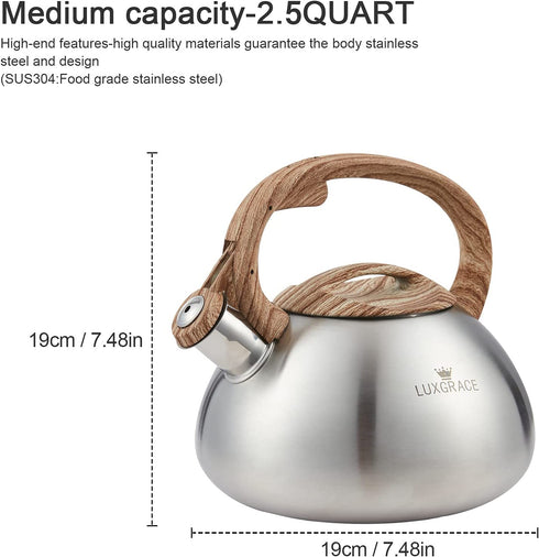 Teapot Whistling Tea Kettle with Wood Pattern Handle Loud Whistle,Food Grade Stainless Steel Tea Pot for Stovetops Water Kettle(Silver-RW)