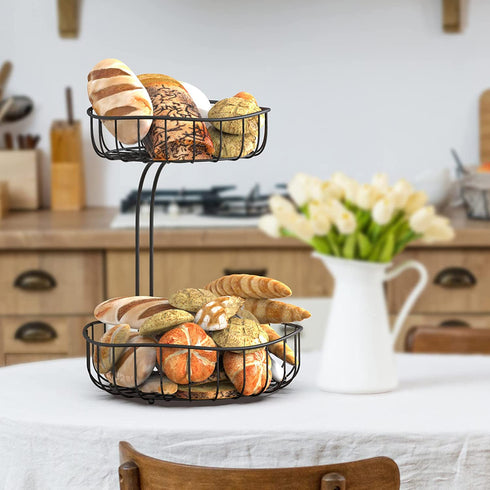 Updated - MaraFansie 2 Tier Countertop Fruit Basket with Banana Hanger, Bread Vegetables Fruit Bowl Wire Basket Kitchen Decor, Black