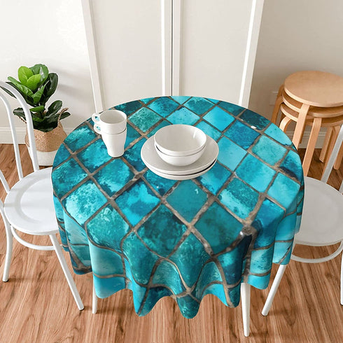 Tablecloth 60 inches Turquoise Blue Waterproof Washable Round Table Cloth Cover for Party Banquet Home Dinner Decor