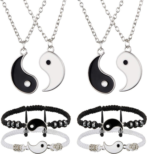 8 Pieces Yin and Yang Friend Necklace Bracelet Bff Couple Friendship Relationship Matching Yin Yang Necklace Bracelet Adjustable Handmade Cord Bracelet for Girlfriend Boyfriend Women Men
