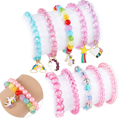 G.C 10 PCS Girls Kids Rainbow Beaded Bracelet with Cute Unicorn Rainbow Heart Star Pendant Stretchy Costume Jewelry Set Gift Play Party Favors Present Friendship Jewelry for Baby Toddler Little Girl