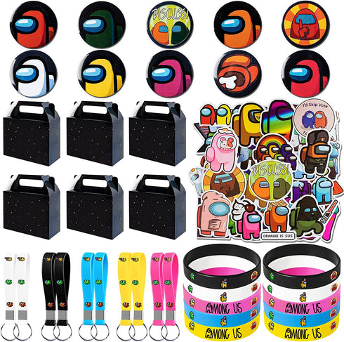 YAOO us Birthday Party Supplies for Kids, 100 Pcs Party Favors - Key Chain, Gift Case, Bracelet, Shoe Charm, Button Pins, Sticker for Video Game Theme Party