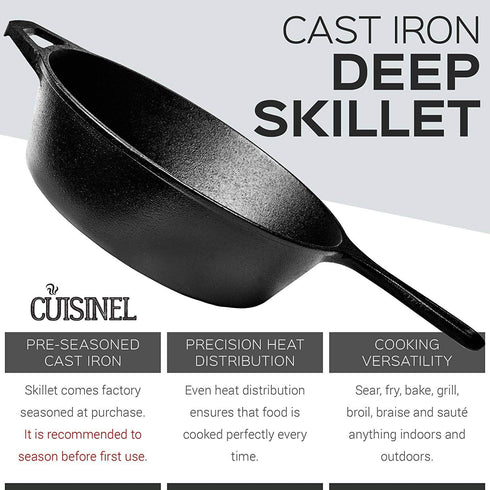 Cuisinel Cast Iron Skillet - 10"-Inch X 3"-Inch-Deep Frying Pan / 3-Quart Pot with Assist Handle - Pre-Seasoned Oven Safe Cookware - Indoor/Outdoor Use - Grill, Stovetop, BBQ, Firepit, Induction Safe