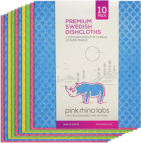 Pink Rhino Labs Swedish Dish Cloths - Reusable, Absorbent Cleaning Cloths for Home, Kitchen and Auto - Eco-friendly - Made in EU & Packaged in USA - Assorted