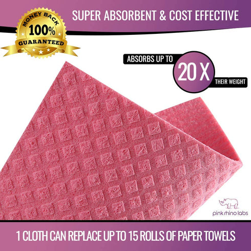 Pink Rhino Labs Swedish Dish Cloths - Reusable, Absorbent Cleaning Cloths for Home, Kitchen and Auto - Eco-friendly - Made in EU & Packaged in USA - Assorted