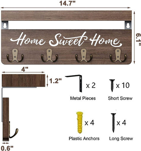 buways Wall-Mounted Key and Mail Holder, Wooden Key Rack with 4 Double Key Hooks, Rustic Home Decor for Entryway